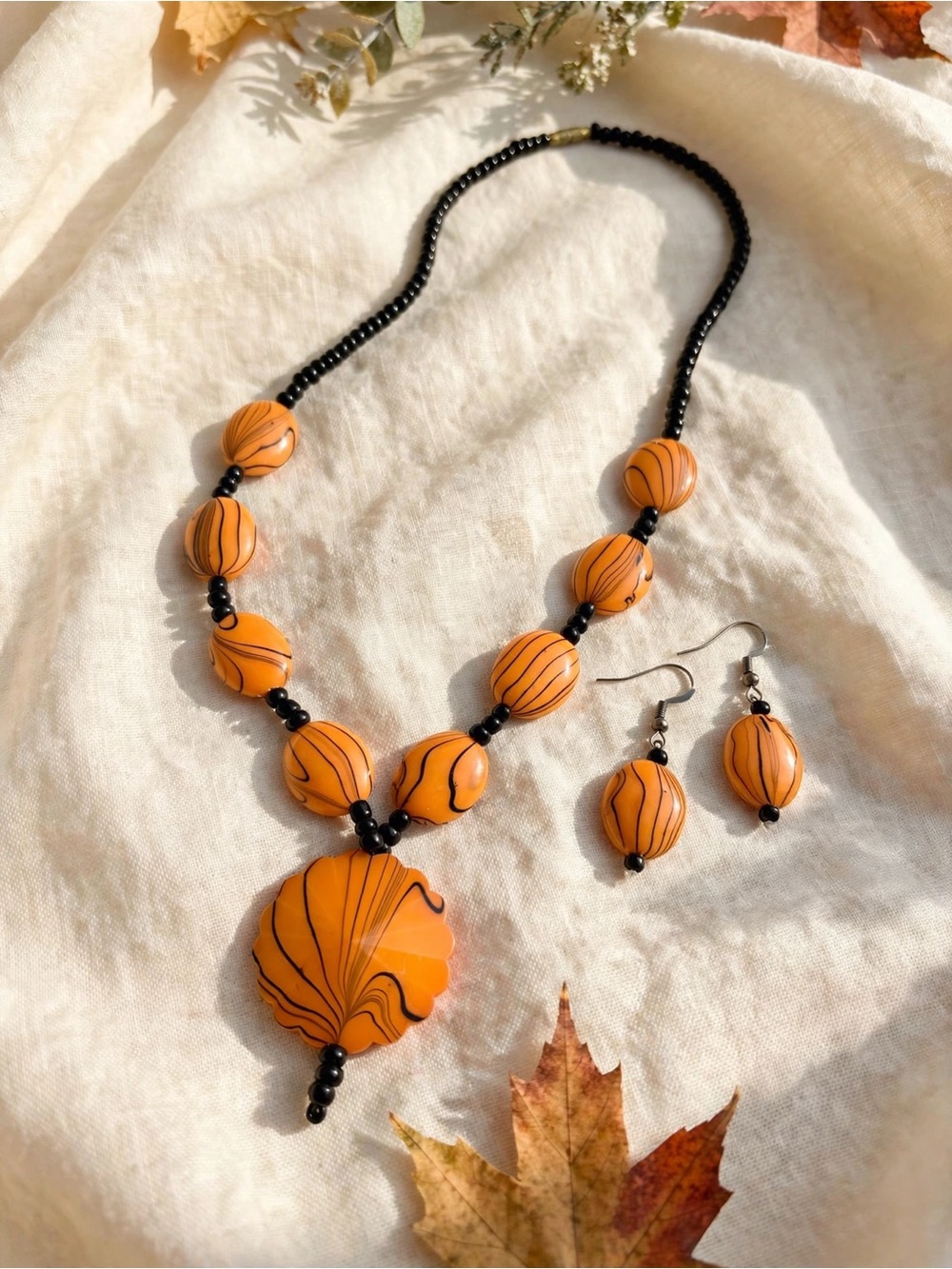 Boho Orange Swirl Bead Necklace + Earring Set